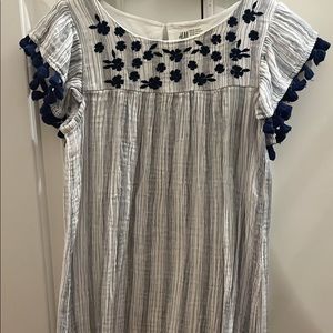 Girls H&M blue and white striped embroidered tassel sleeve dress size 8/9